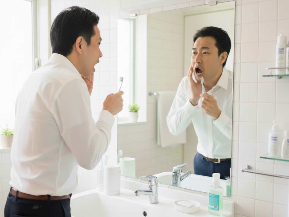 Yシャツ姿の男性が洗面台の前で鏡越しに自信の口腔内を確認しているところ。手には歯ブラシをもち、顔に手を添えている。