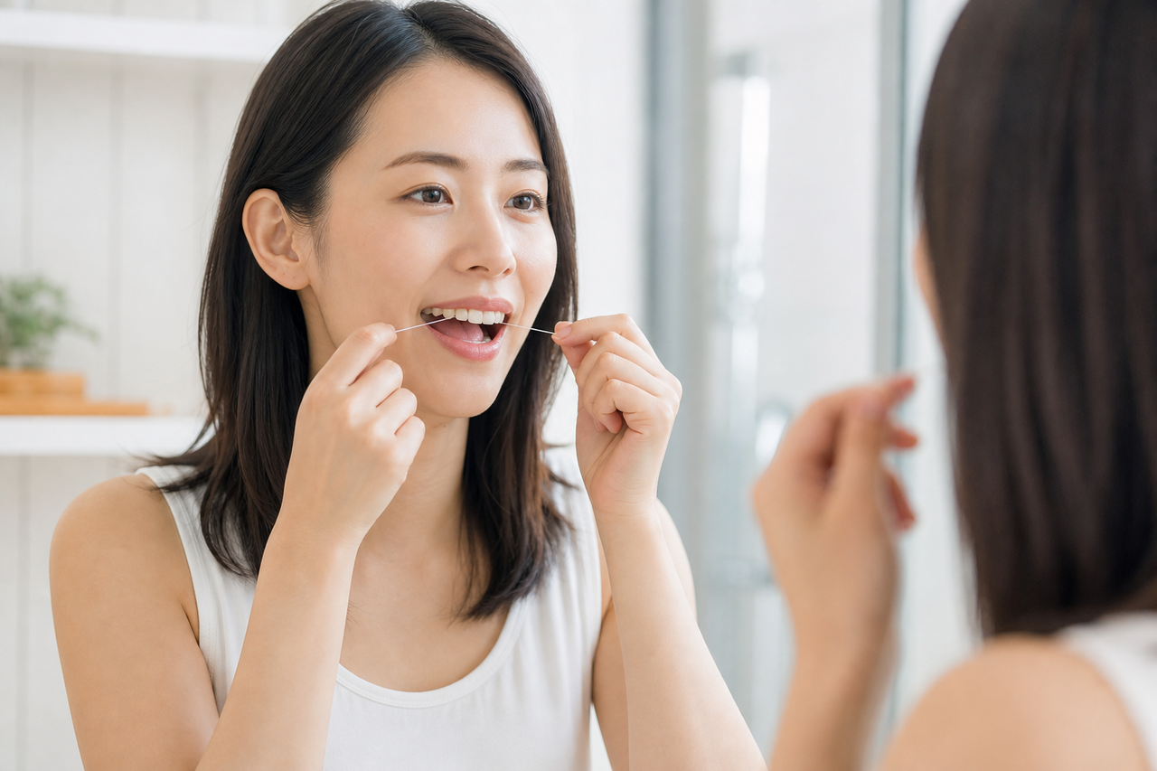 頬に手を当て悩む女性