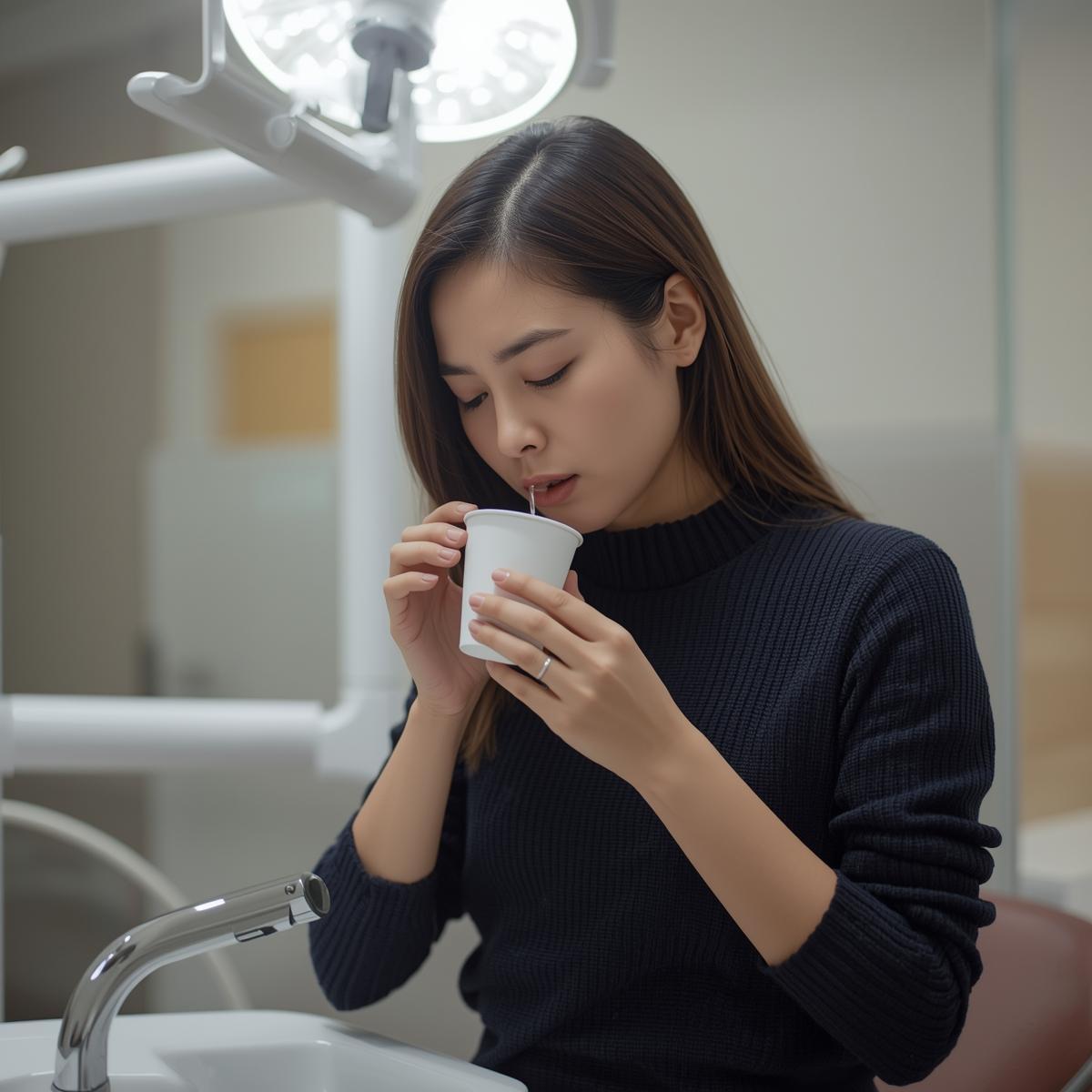 歯科医院で口をすすいでいる日本人女性、手には小さめの紙コップをもっている