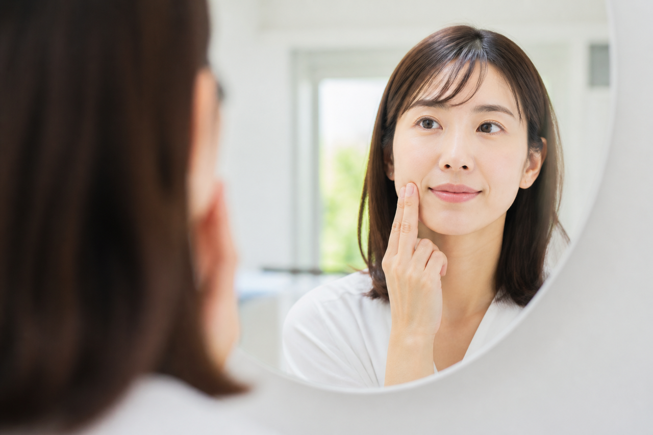 頬に手を当て悩む女性